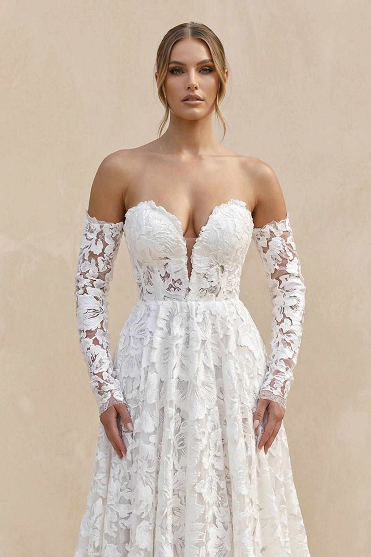 Sweetheart A-Line Floral Lace Long Sleeve Wedding Dress in Ivory sold by KissProm product image thumbnail 3