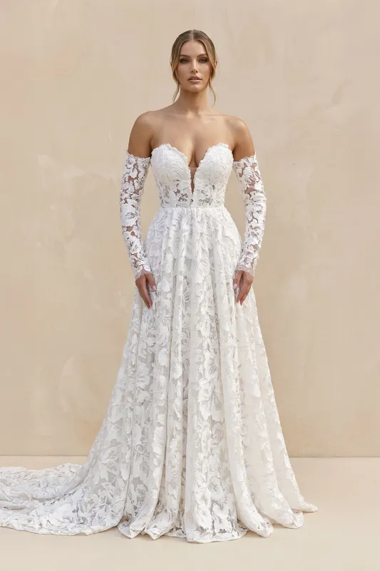 Sweetheart A-Line Floral Lace Long Sleeve Wedding Dress in Ivory made by KissProm