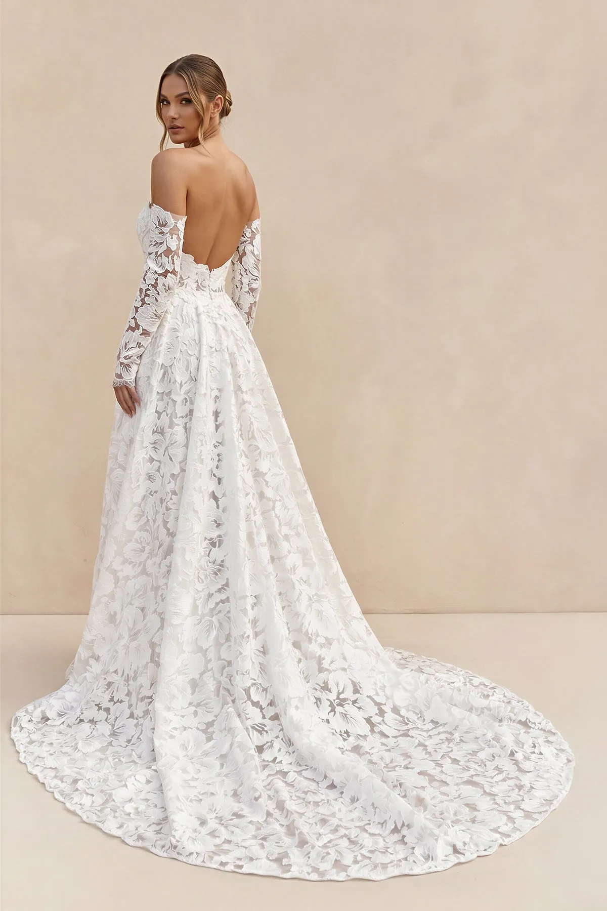 Sweetheart A-Line Floral Lace Long Sleeve Wedding Dress in Ivory sold by KissProm product image thumbnail 2