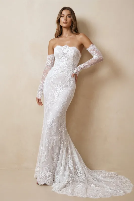 Strapless Lace Mermaid Long Sleeve Wedding Dress in Ivory made by KissProm