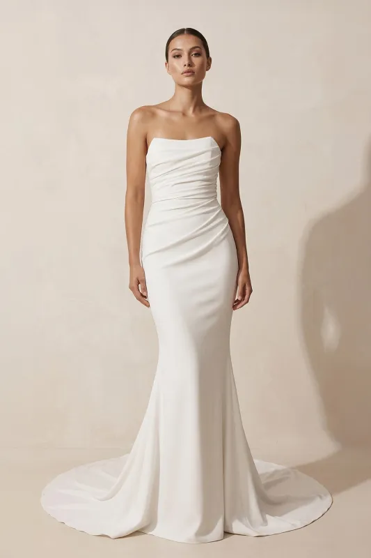 Crepe Strapless Ruched Mermaid Wedding Dress in Ivory made by KissProm