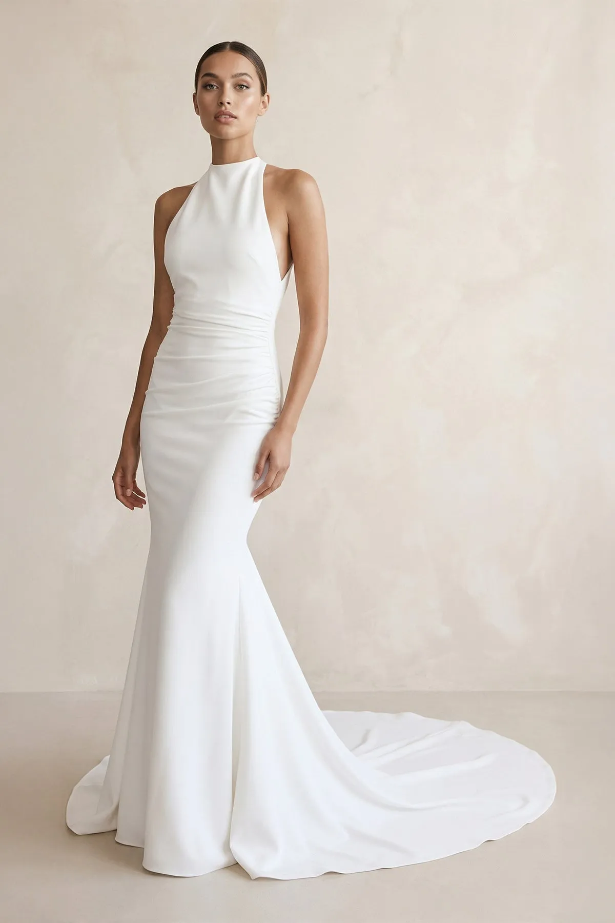 Halter Crepe Mermaid Ruched Wedding Dress in White sold by KissProm