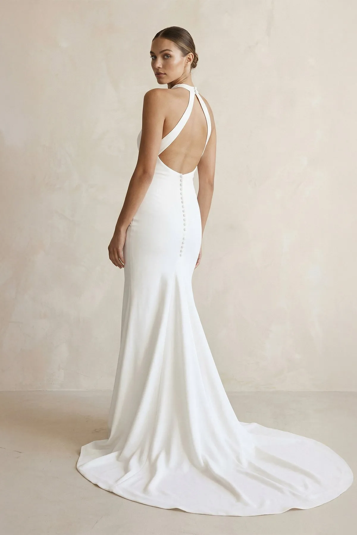 Halter Crepe Mermaid Ruched Wedding Dress in White sold by KissProm product image thumbnail 2