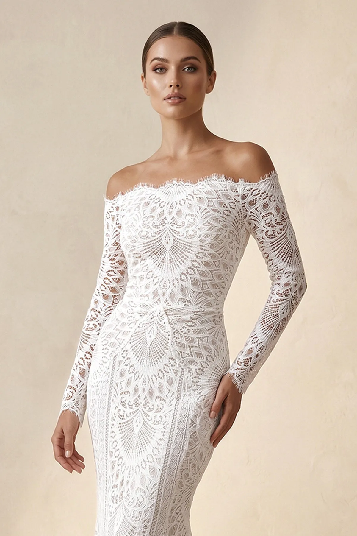 Off-the-Shoulder Lace Mermaid Wedding Dress in Ivory sold by KissProm product image thumbnail 3