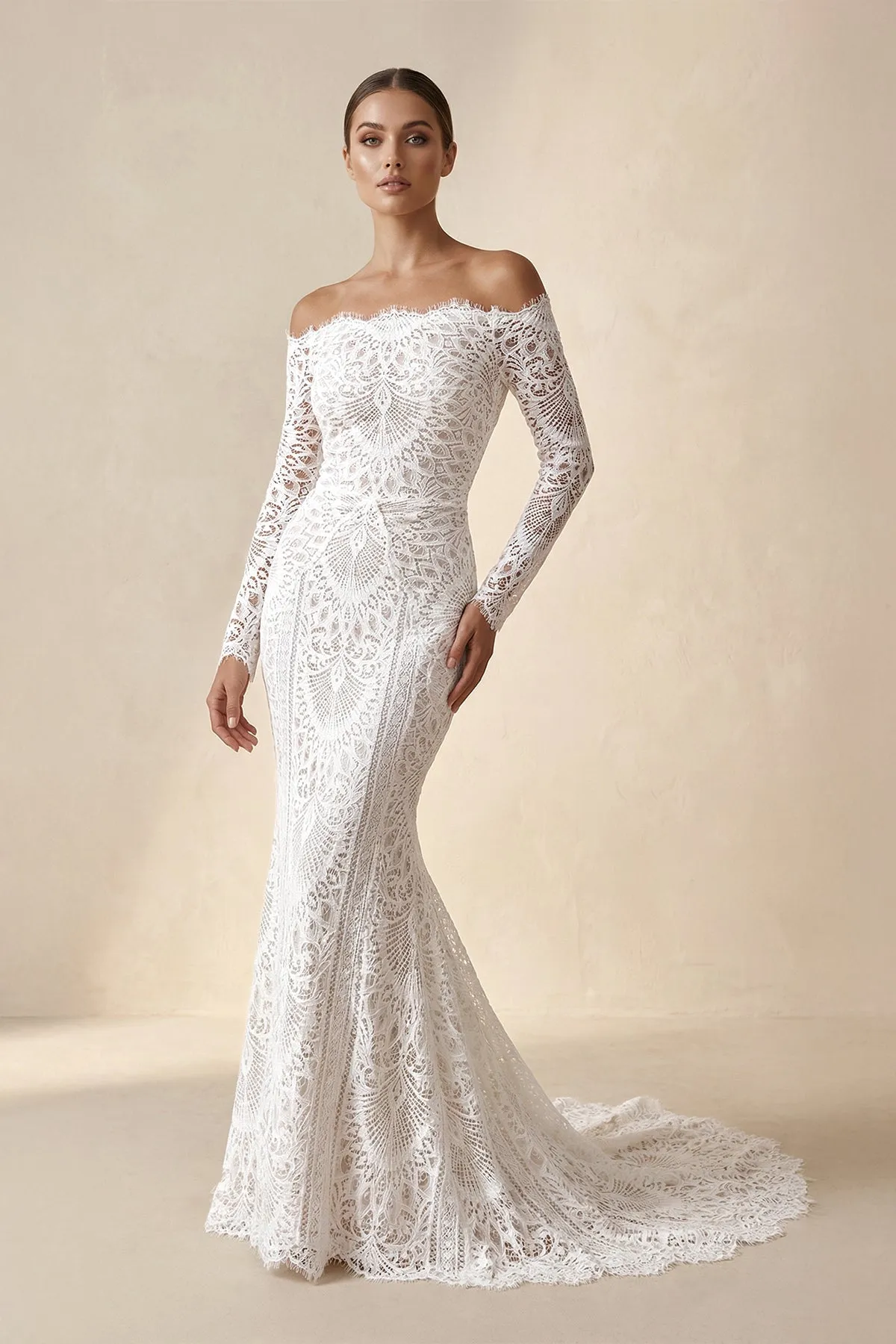 Off-the-Shoulder Lace Mermaid Wedding Dress in Ivory sold by KissProm