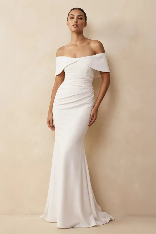 Off-the-Shoulder Crepe Mermaid Wedding Dress in White made by KissProm