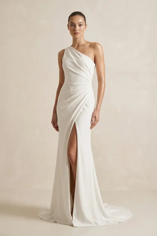 One-Shoulder Satin Mermaid Ruched Wedding Dress With Slit in Ivory made by KissProm