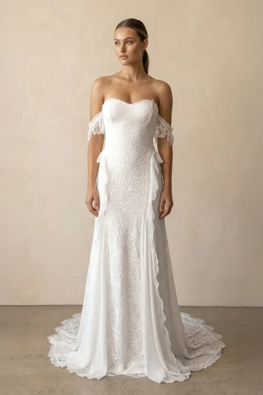 Lace Off-the-Shoulder Sheath Ruffled Wedding Dress in Ivory made by KissProm