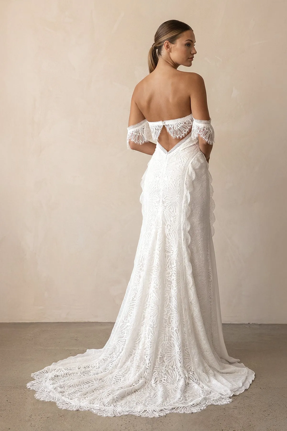 Lace Off-the-Shoulder Sheath Ruffled Wedding Dress in Ivory sold by KissProm product image thumbnail 2
