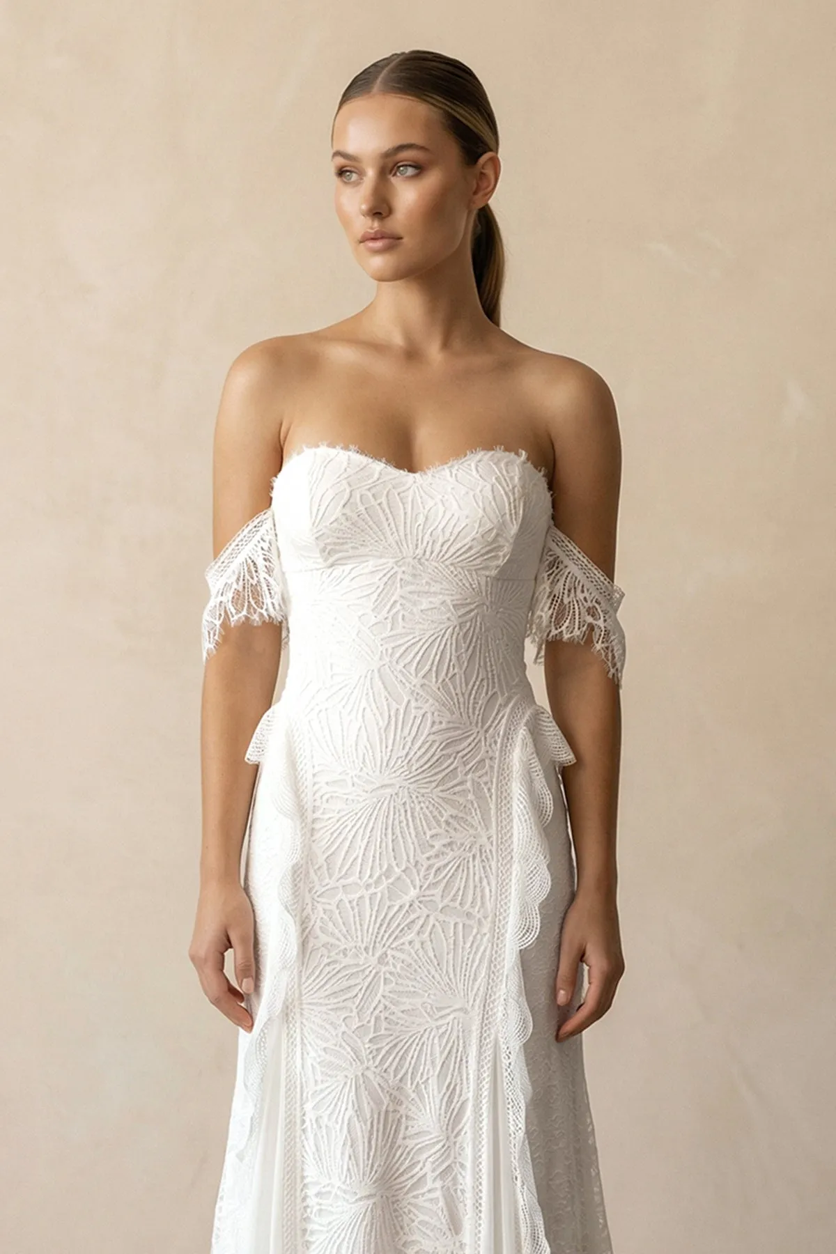 Lace Off-the-Shoulder Sheath Ruffled Wedding Dress in Ivory sold by KissProm product image thumbnail 3
