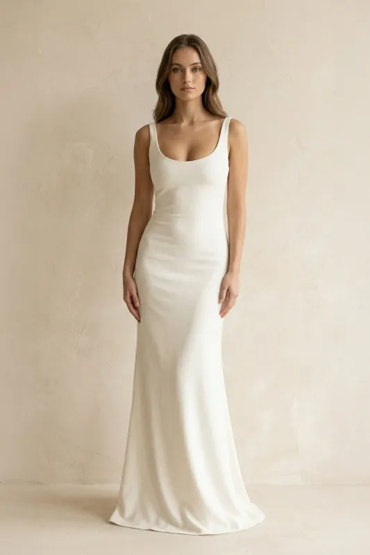 Scoop Neck Mermaid Satin Sheath Wedding Dress in Ivory made by KissProm