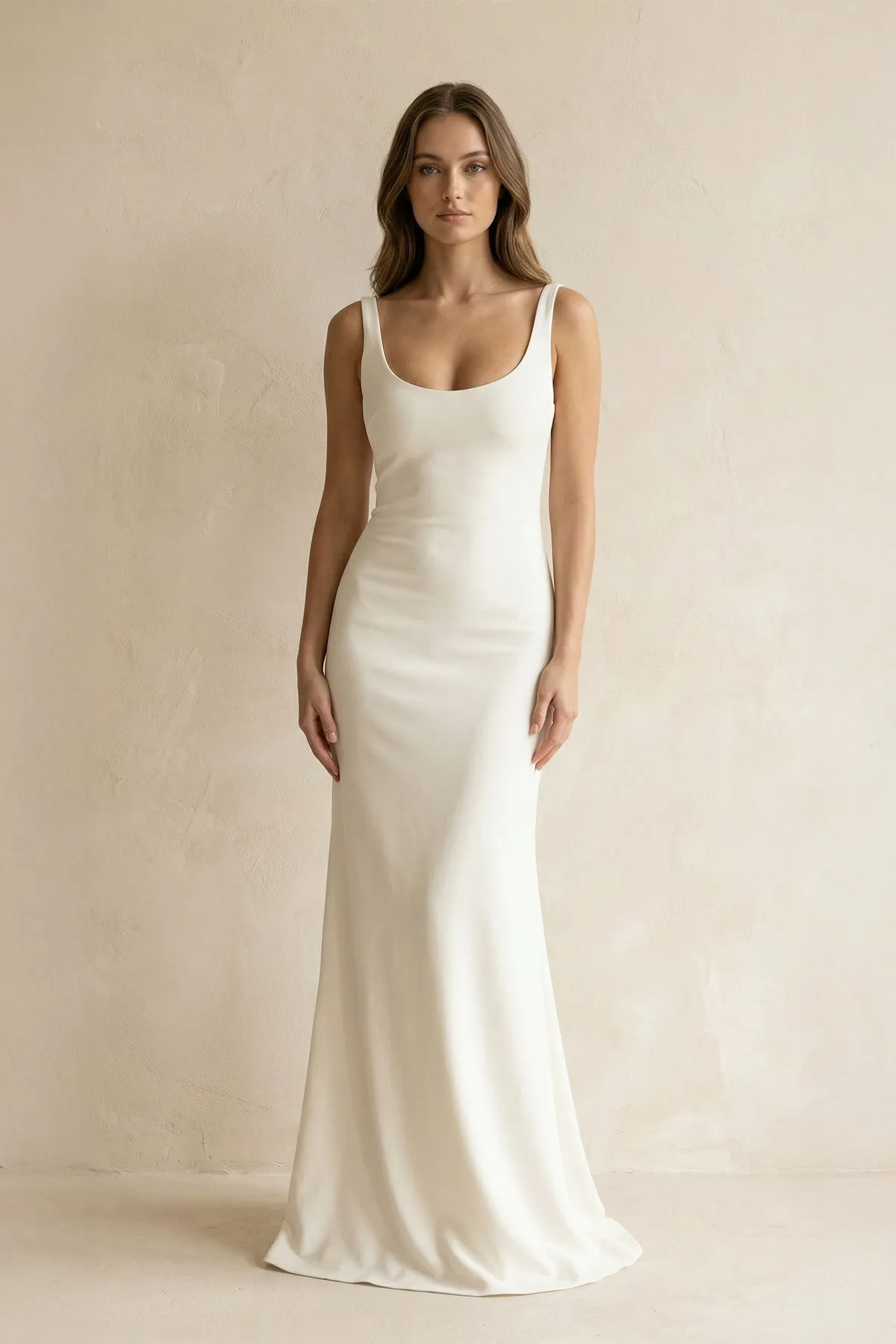 Scoop Neck Mermaid Satin Sheath Wedding Dress in Ivory sold by KissProm