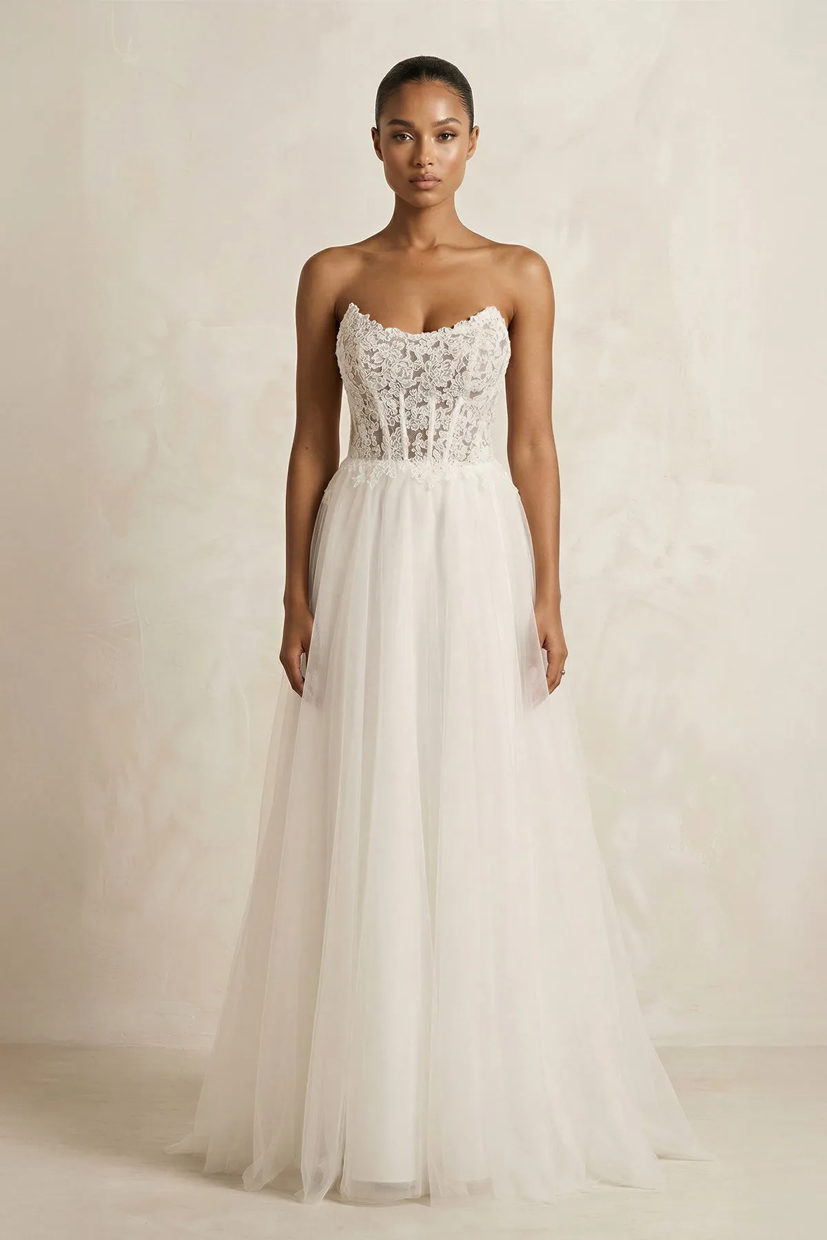 Tulle A-Line Strapless Corset Wedding Dress in Ivory sold by KissProm