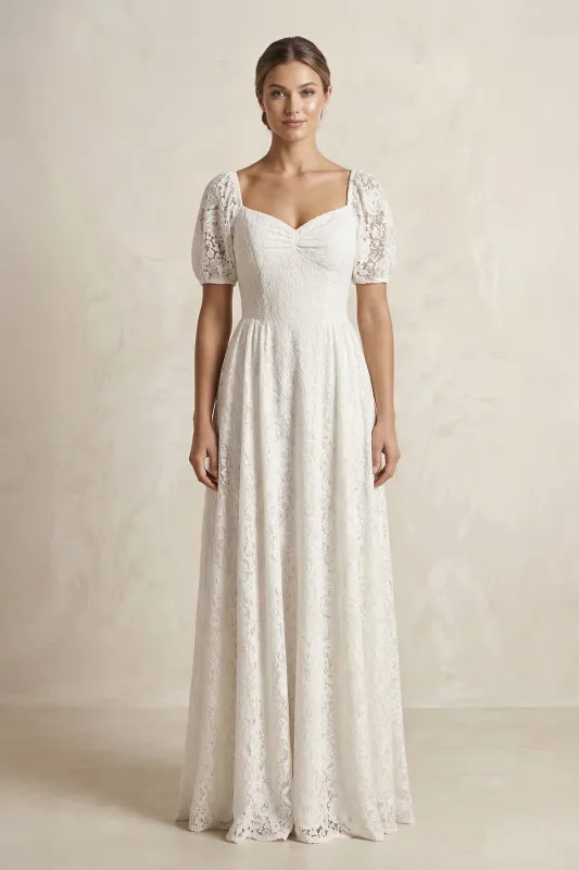 Sweetheart Lace A-Line Short Sleeve Wedding Dress in Ivory made by KissProm