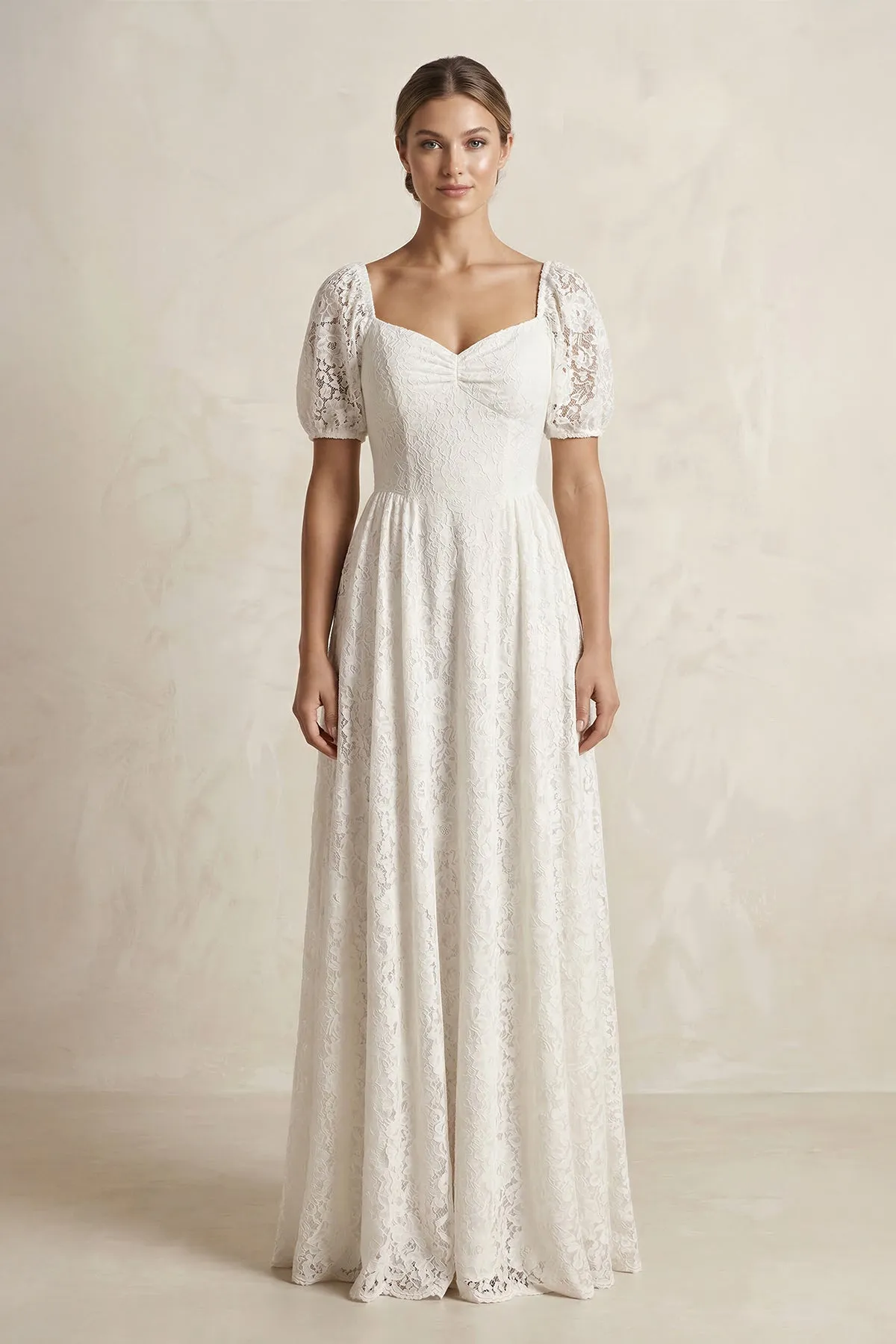 Sweetheart Lace A-Line Short Sleeve Wedding Dress in Ivory sold by KissProm