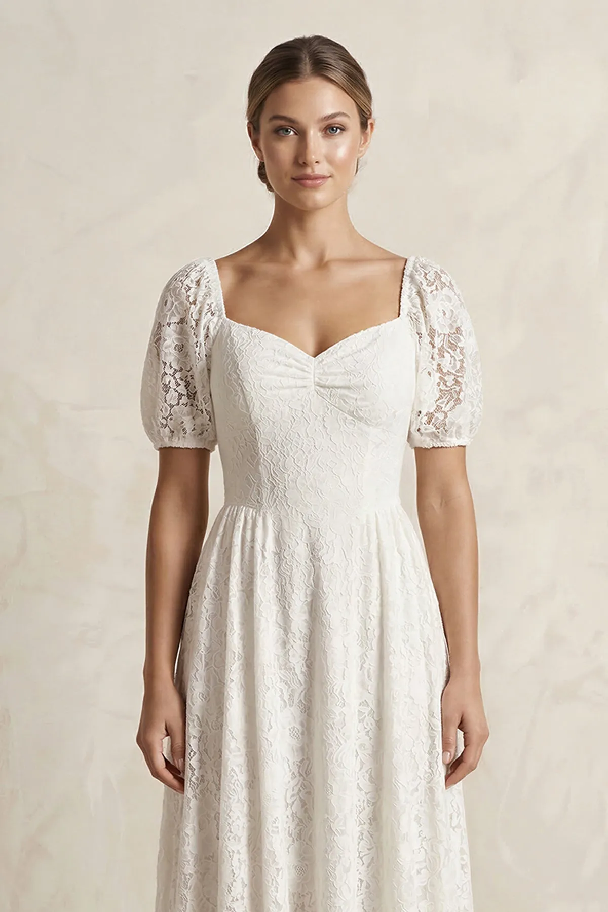 Sweetheart Lace A-Line Short Sleeve Wedding Dress in Ivory sold by KissProm product image thumbnail 3