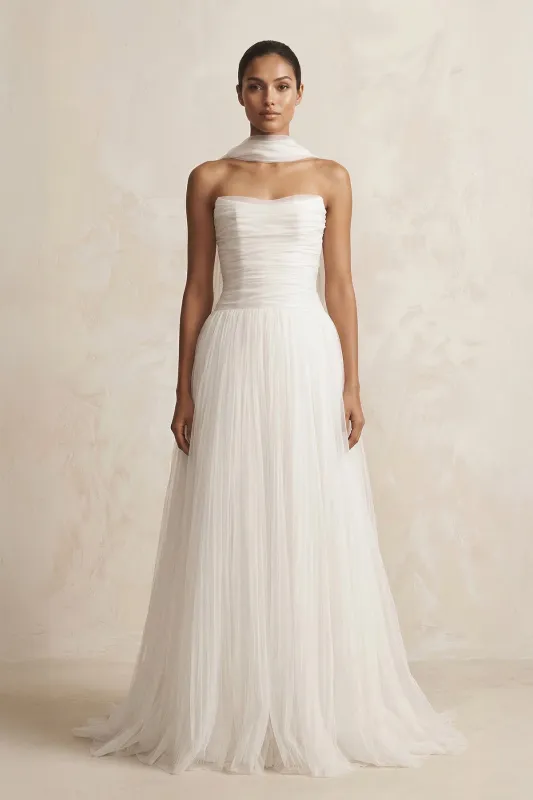 Strapless Chiffon A-Line Pleated Scarf Wedding Dress in Ivory made by KissProm