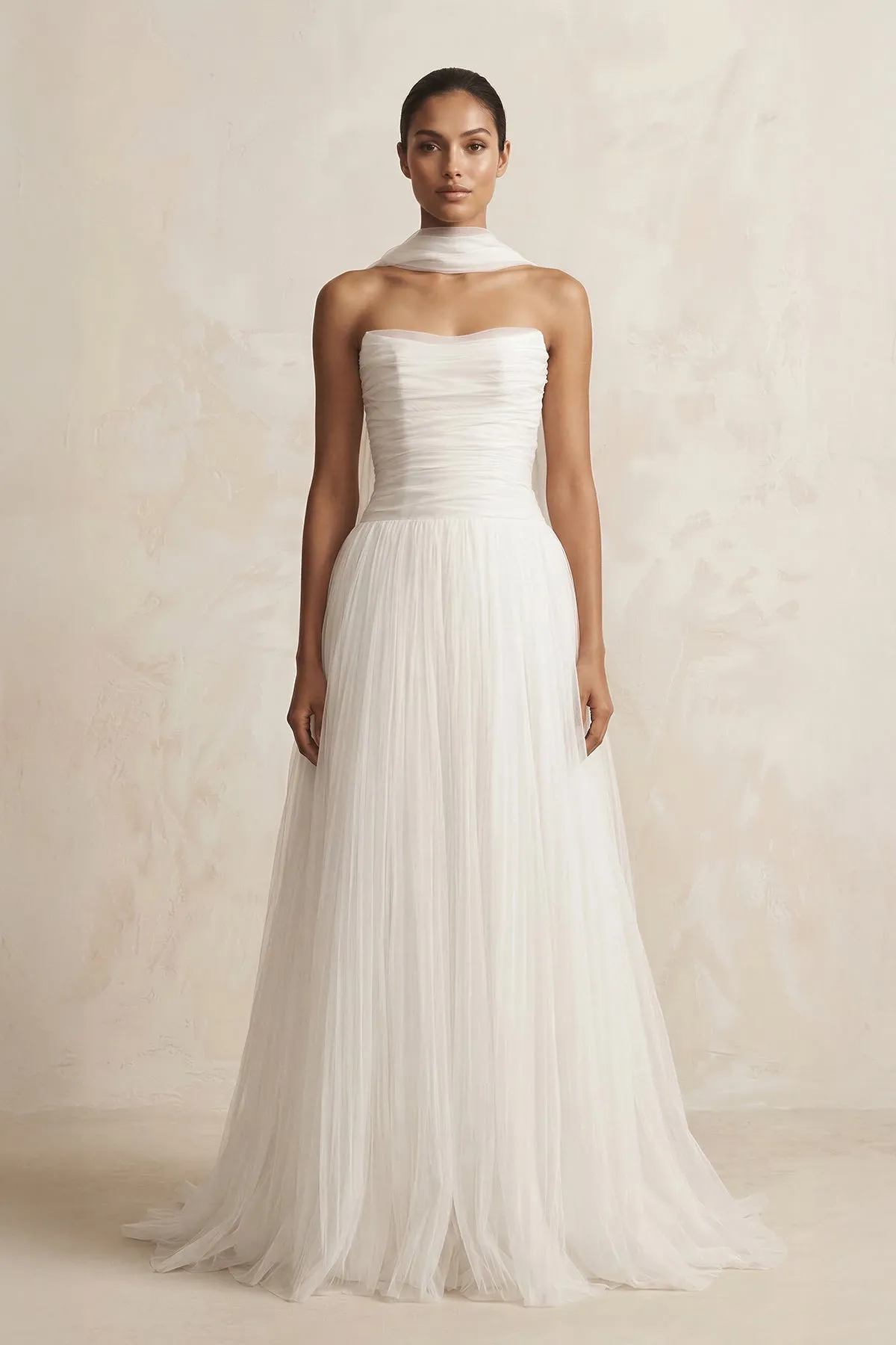 Strapless Chiffon A-Line Pleated Scarf Wedding Dress in Ivory sold by KissProm
