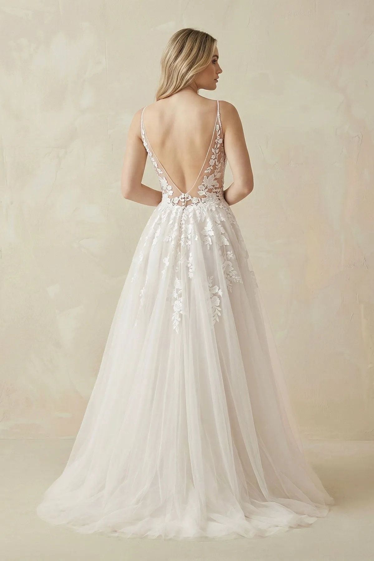 A Line Lace Tulle V-neck Sleeveless Wedding Dress in Ivory sold by KissProm product image thumbnail 2
