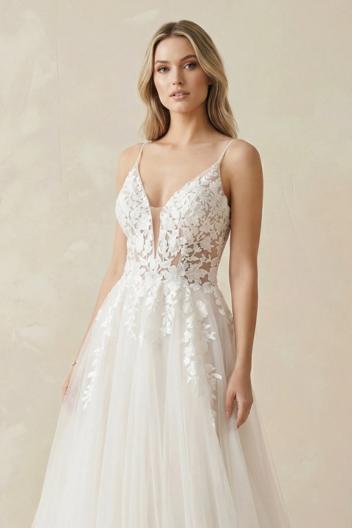 A Line Lace Tulle V-neck Sleeveless Wedding Dress in Ivory sold by KissProm product image thumbnail 3
