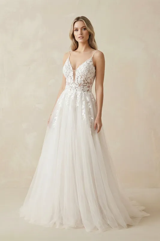 A Line Lace Tulle V-neck Sleeveless Wedding Dress in Ivory made by KissProm