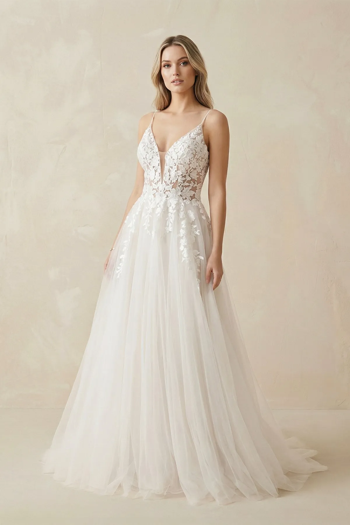 A Line Lace Tulle V-neck Sleeveless Wedding Dress in Ivory sold by KissProm