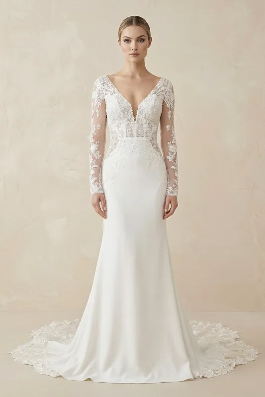 Ivory Lace Long Sleeves Mermaid Wedding Dress made by KissProm