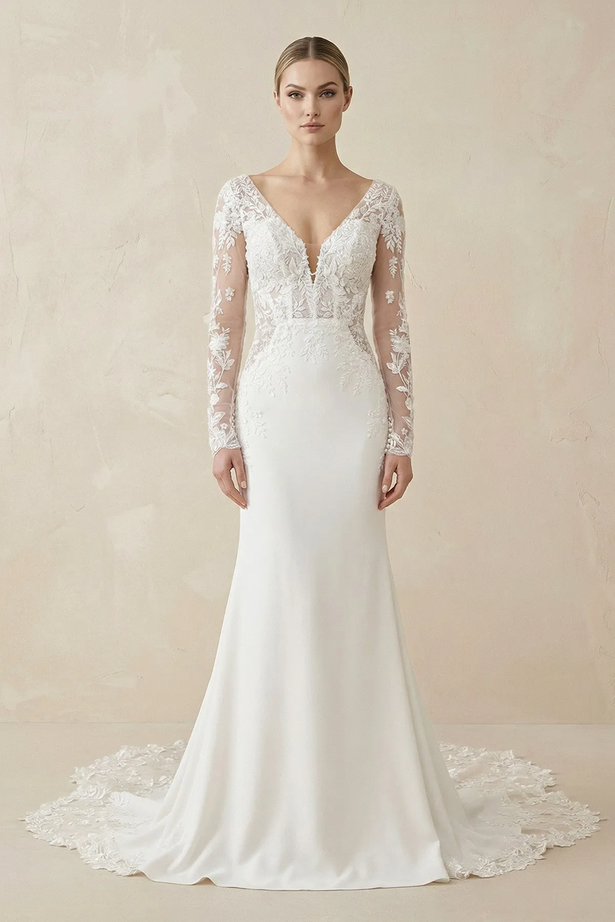Ivory Lace Long Sleeves Mermaid Wedding Dress sold by KissProm