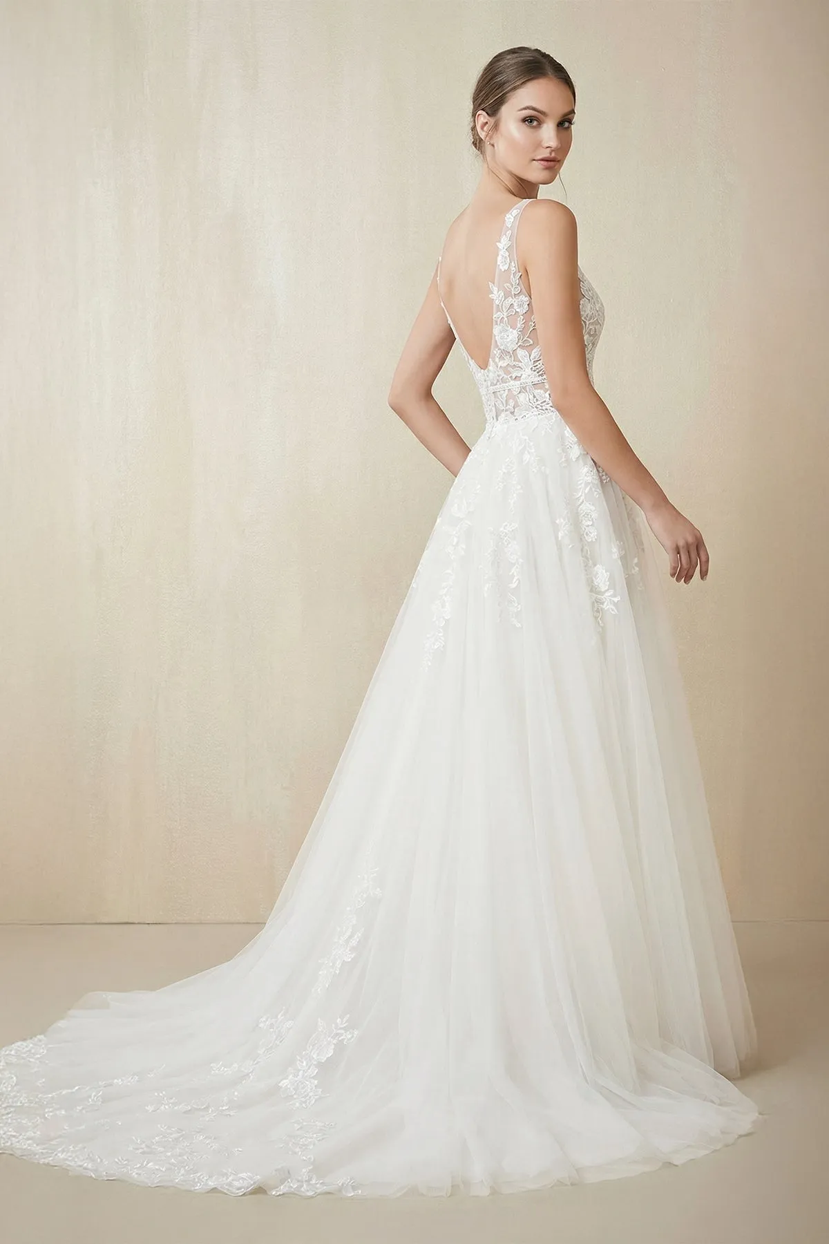 Appliques V-Neck A Line Tulle Wedding Dress in White sold by KissProm product image thumbnail 2