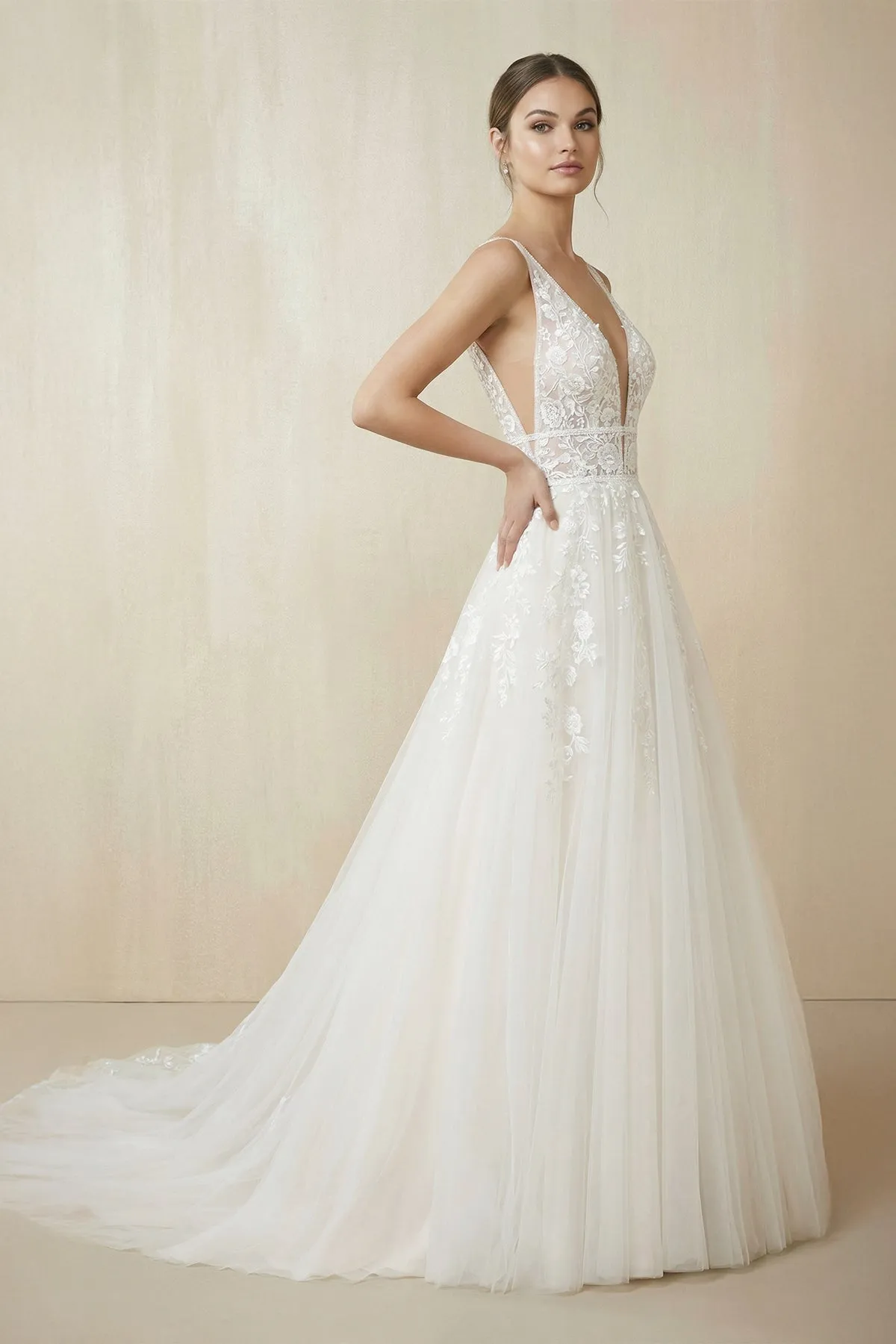 Appliques V-Neck A Line Tulle Wedding Dress in White sold by KissProm product image thumbnail 3