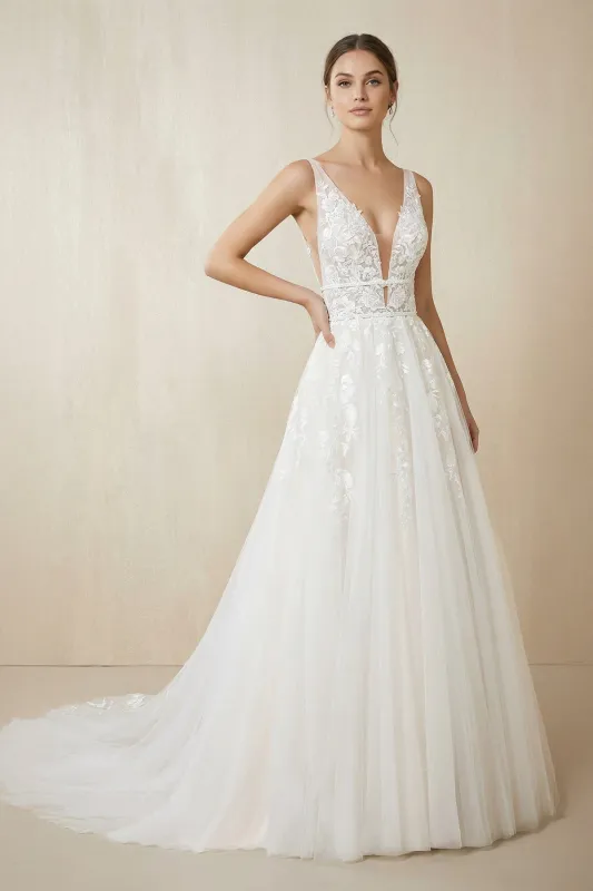 Appliques V-Neck A Line Tulle Wedding Dress in White made by KissProm