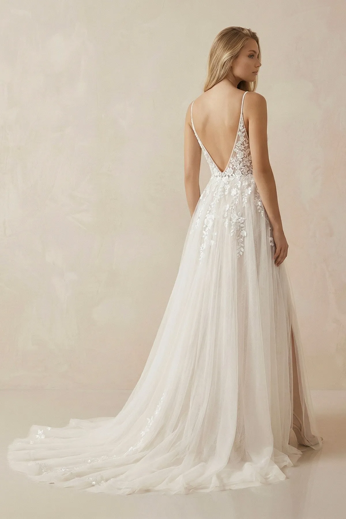 A-Line Ivory Lace V-Neck Wedding Dress with Ruffles sold by KissProm product image thumbnail 2