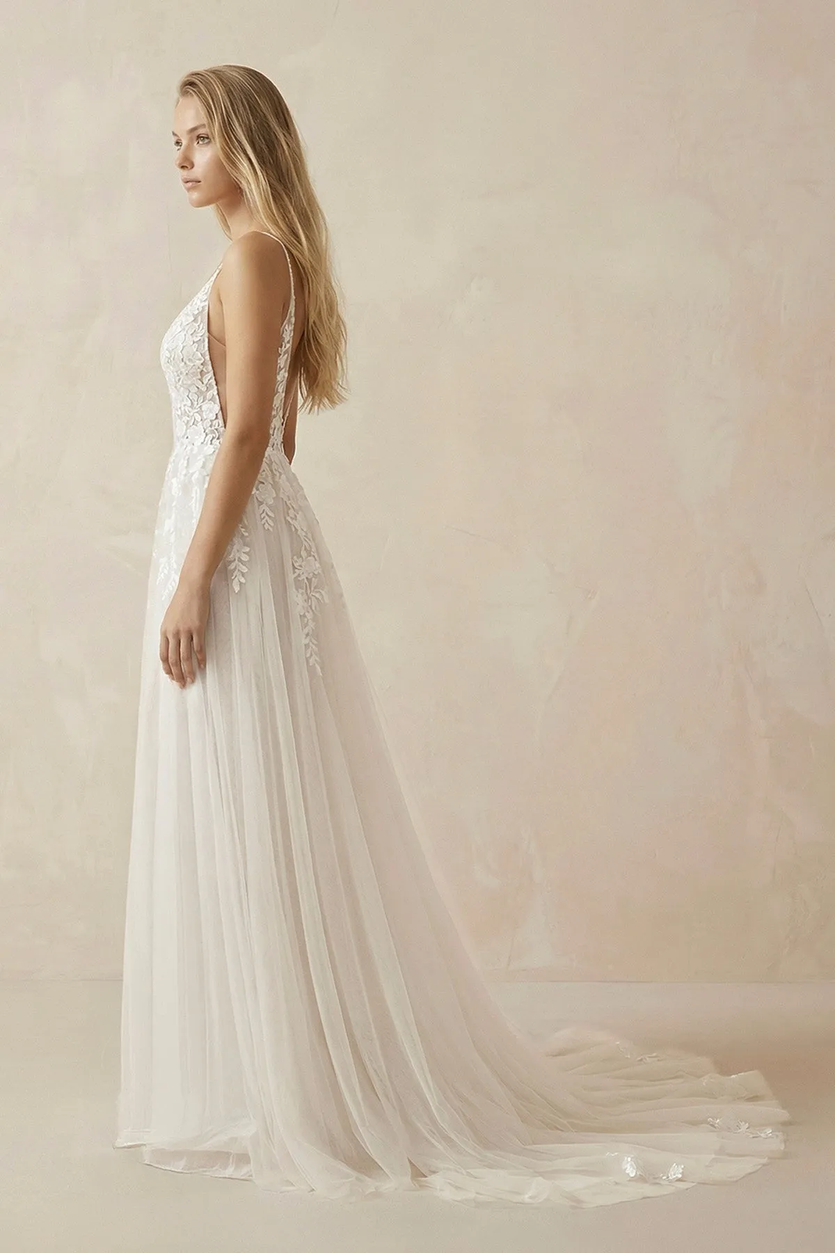 A-Line Ivory Lace V-Neck Wedding Dress with Ruffles sold by KissProm product image thumbnail 3
