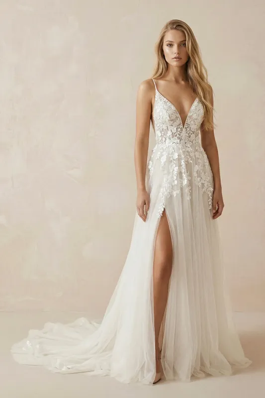 A-Line Ivory Lace V-Neck Wedding Dress with Ruffles made by KissProm