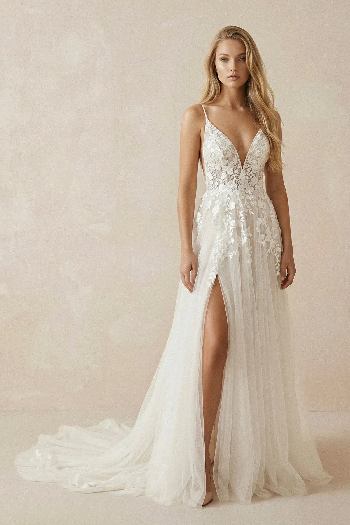A-Line Ivory Lace V-Neck Wedding Dress with Ruffles sold by KissProm