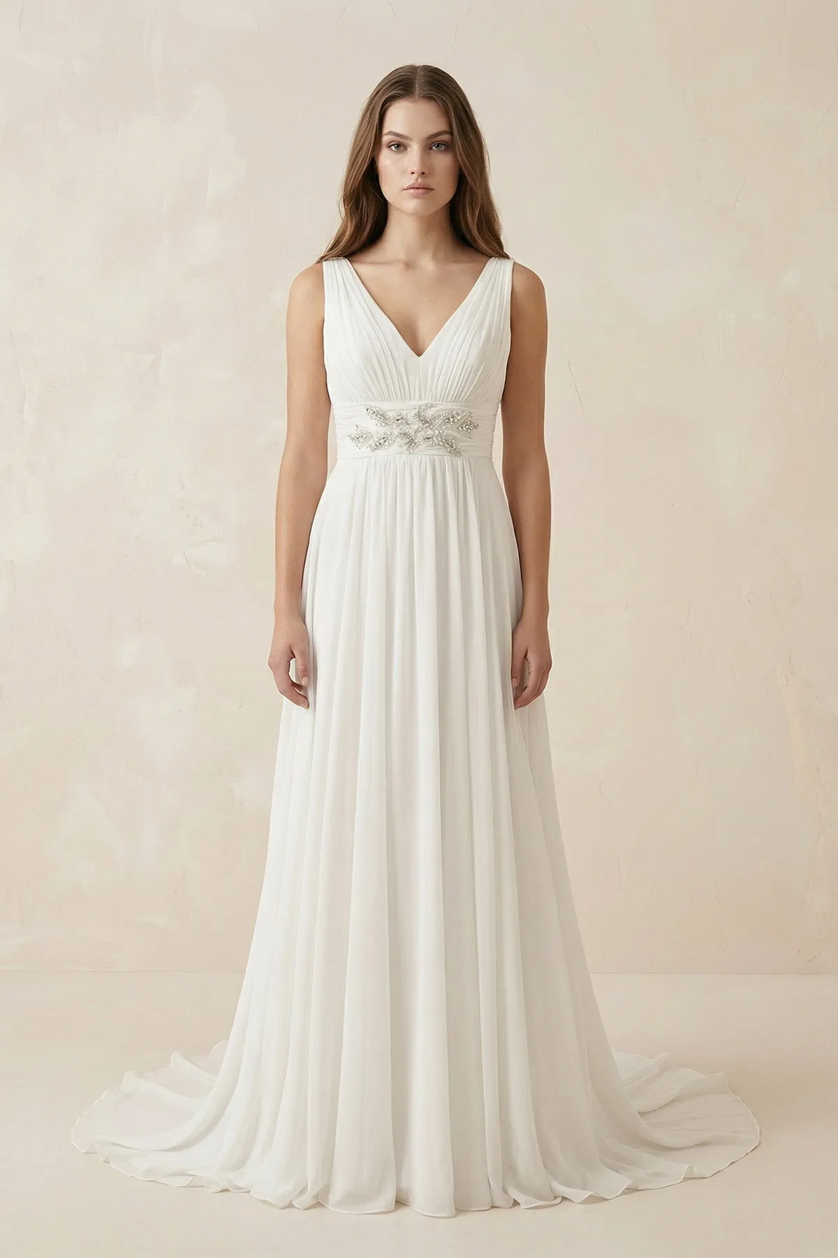 Ivory V-Neck Chiffon A-Line Wedding Dress With Belt sold by KissProm