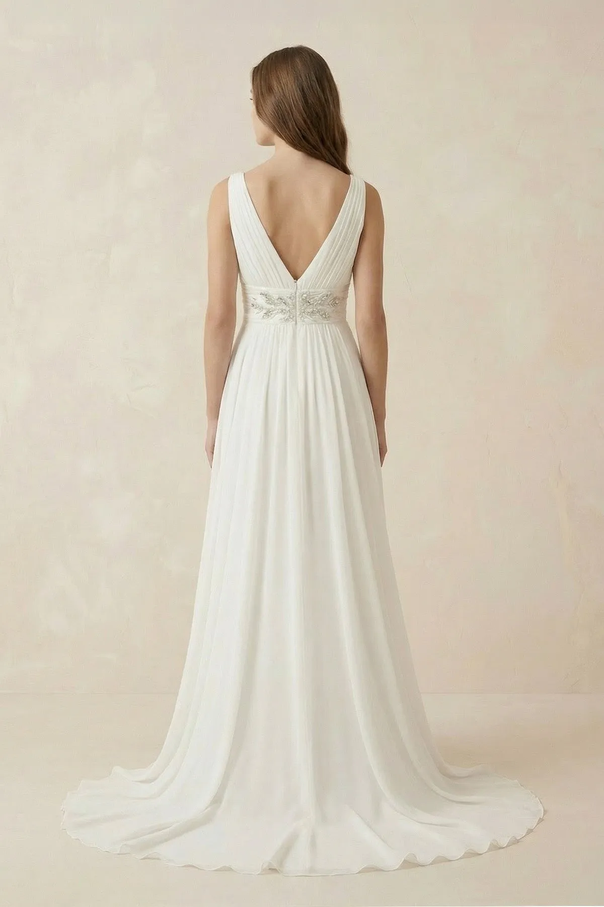 Ivory V-Neck Chiffon A-Line Wedding Dress With Belt sold by KissProm product image thumbnail 2