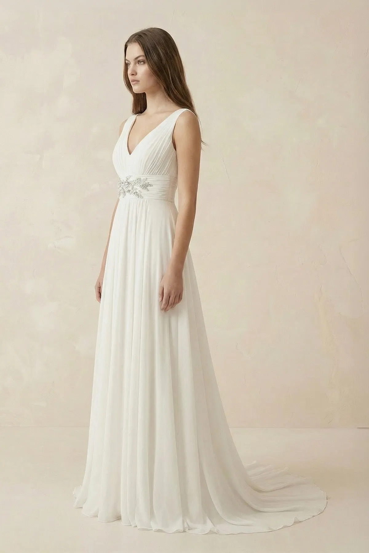 Ivory V-Neck Chiffon A-Line Wedding Dress With Belt sold by KissProm product image thumbnail 3