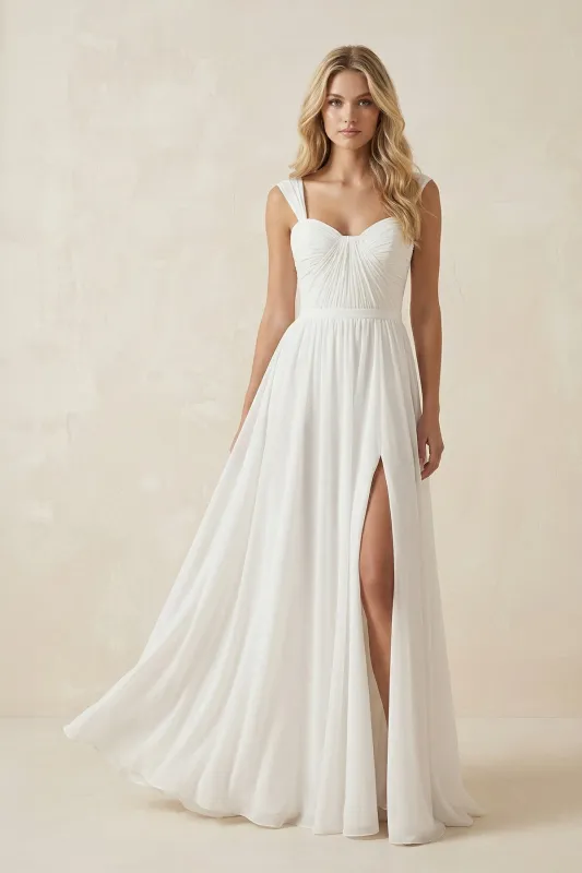 Ivory Chiffon A-Line Sweetheart Wedding Dress With Slit made by KissProm