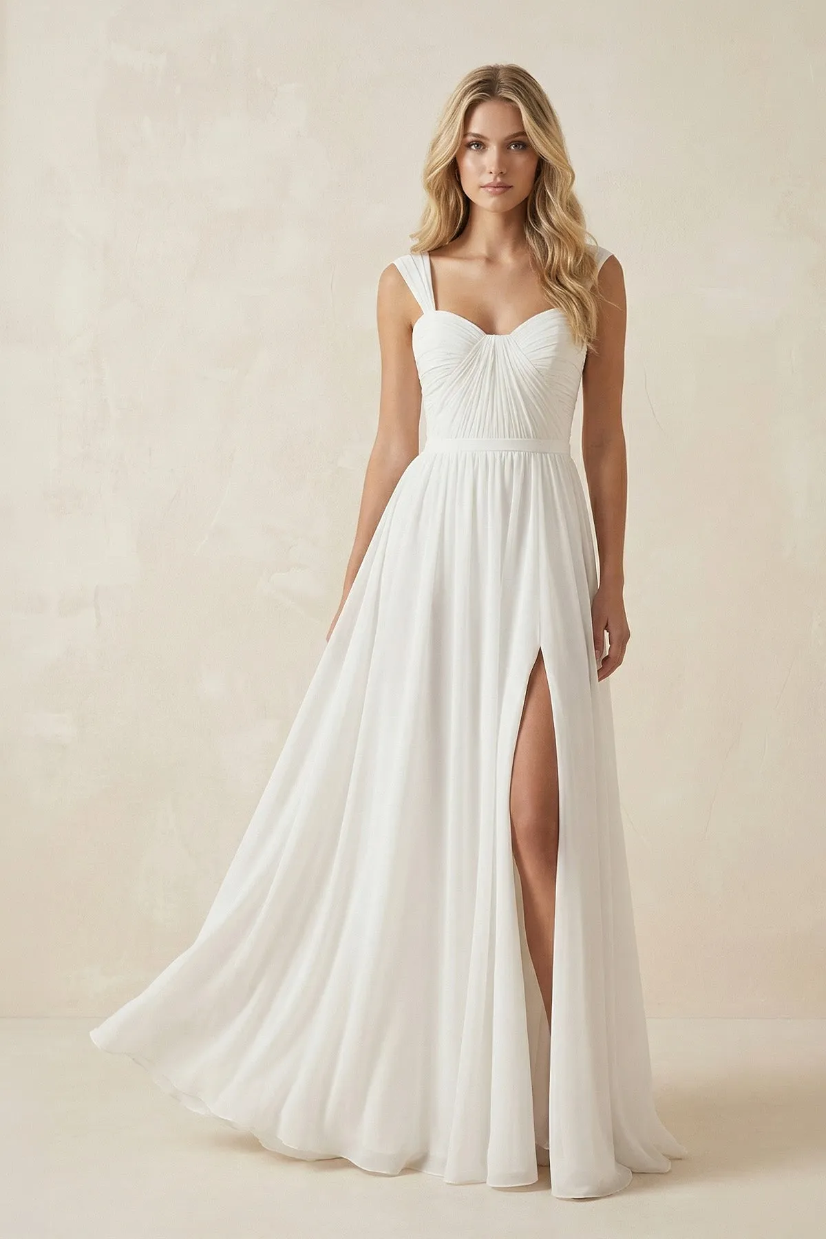 Ivory Chiffon A-Line Sweetheart Wedding Dress With Slit sold by KissProm