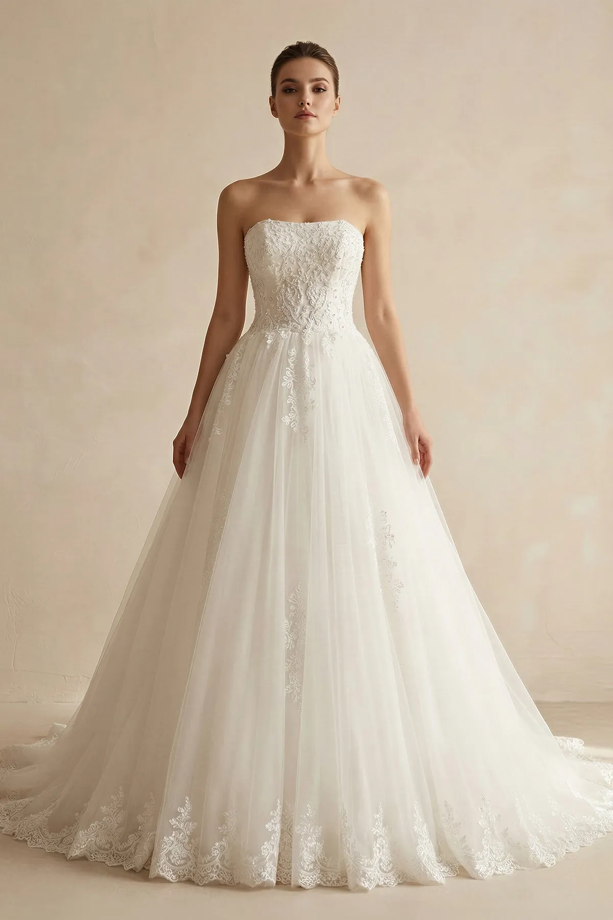 Strapless Ball Gown Ivory Tulle Wedding Dress With Appliques sold by KissProm