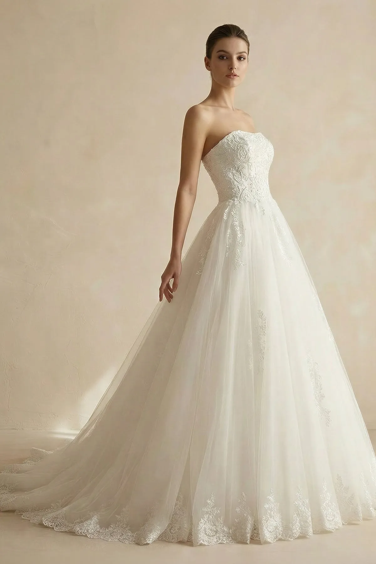 Strapless Ball Gown Ivory Tulle Wedding Dress With Appliques sold by KissProm product image thumbnail 3