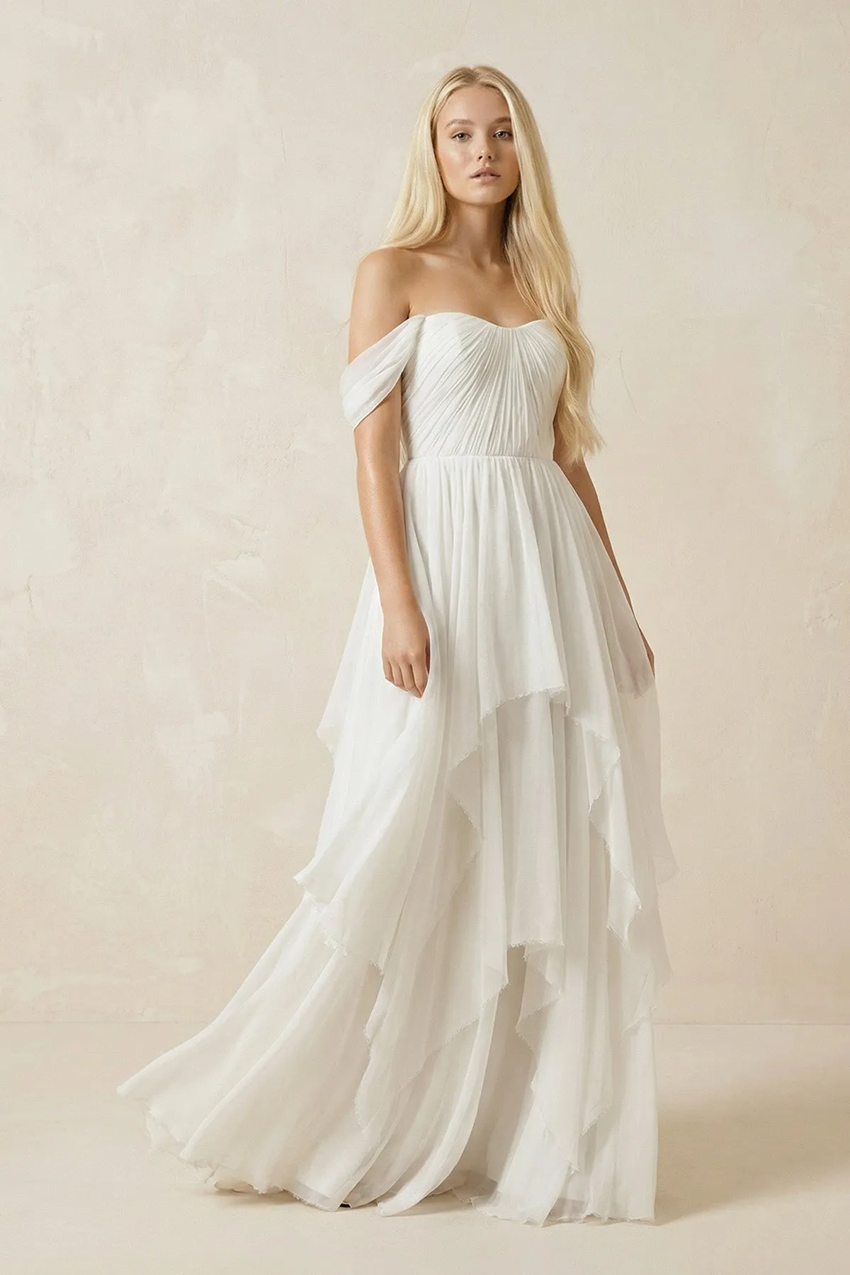 Off-the-Shoulder Asymmetric Chiffon A-Line Wedding Dress sold by KissProm