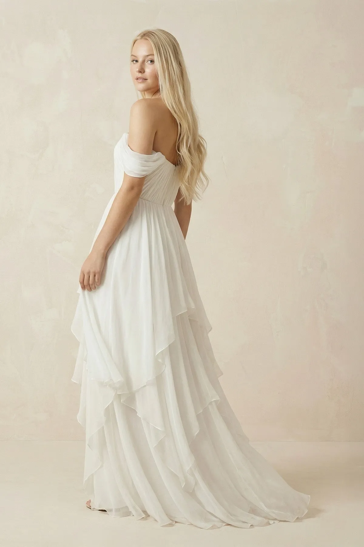 Off-the-Shoulder Asymmetric Chiffon A-Line Wedding Dress sold by KissProm product image thumbnail 2