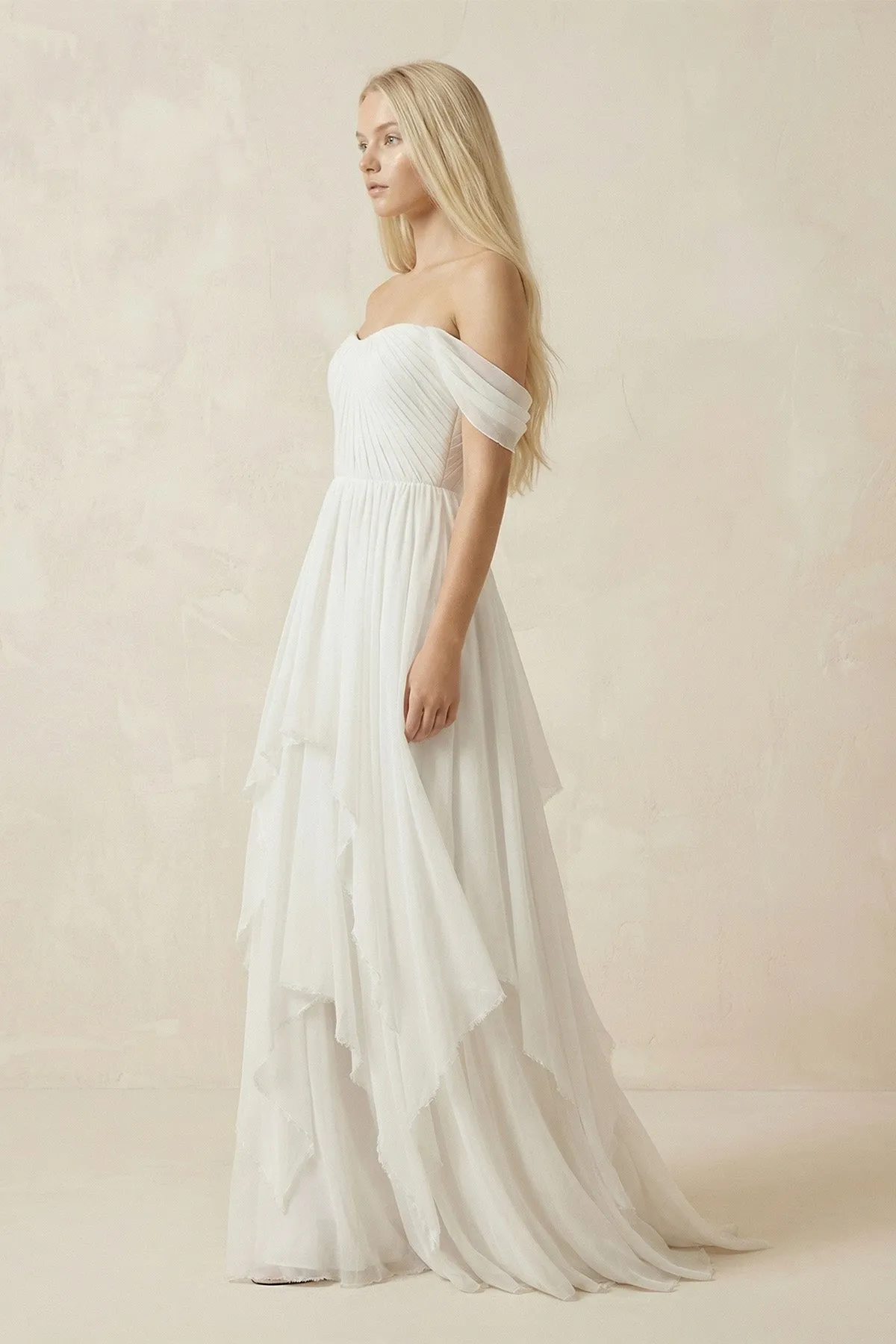 Off-the-Shoulder Asymmetric Chiffon A-Line Wedding Dress sold by KissProm product image thumbnail 3