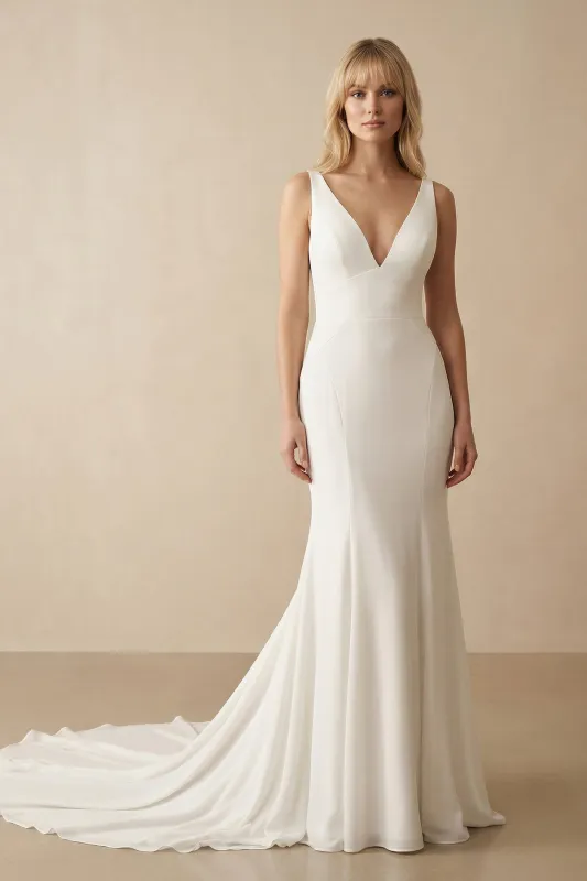 Simple Ivory Satin V-Neck Mermaid Wedding Dress made by KissProm
