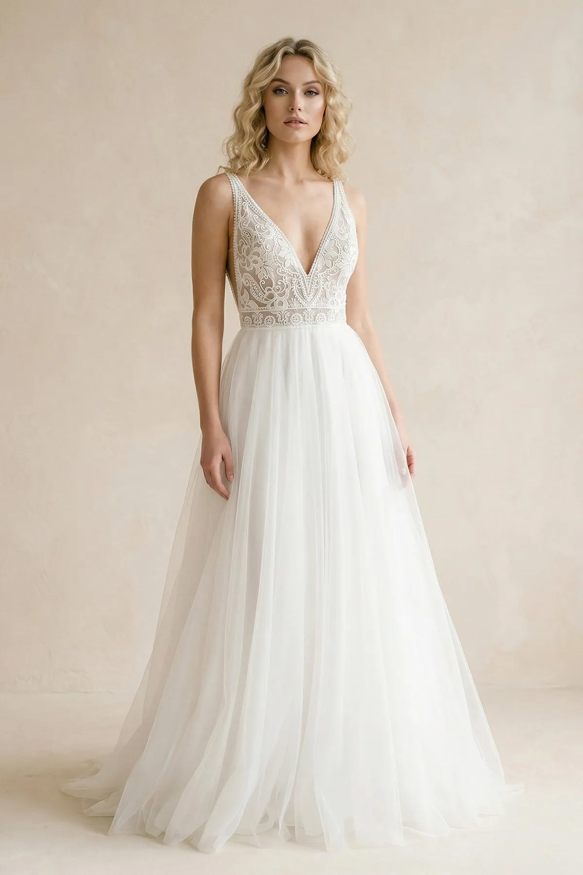 Ivory V-Neck Tulle A-Line Wedding Dress sold by KissProm