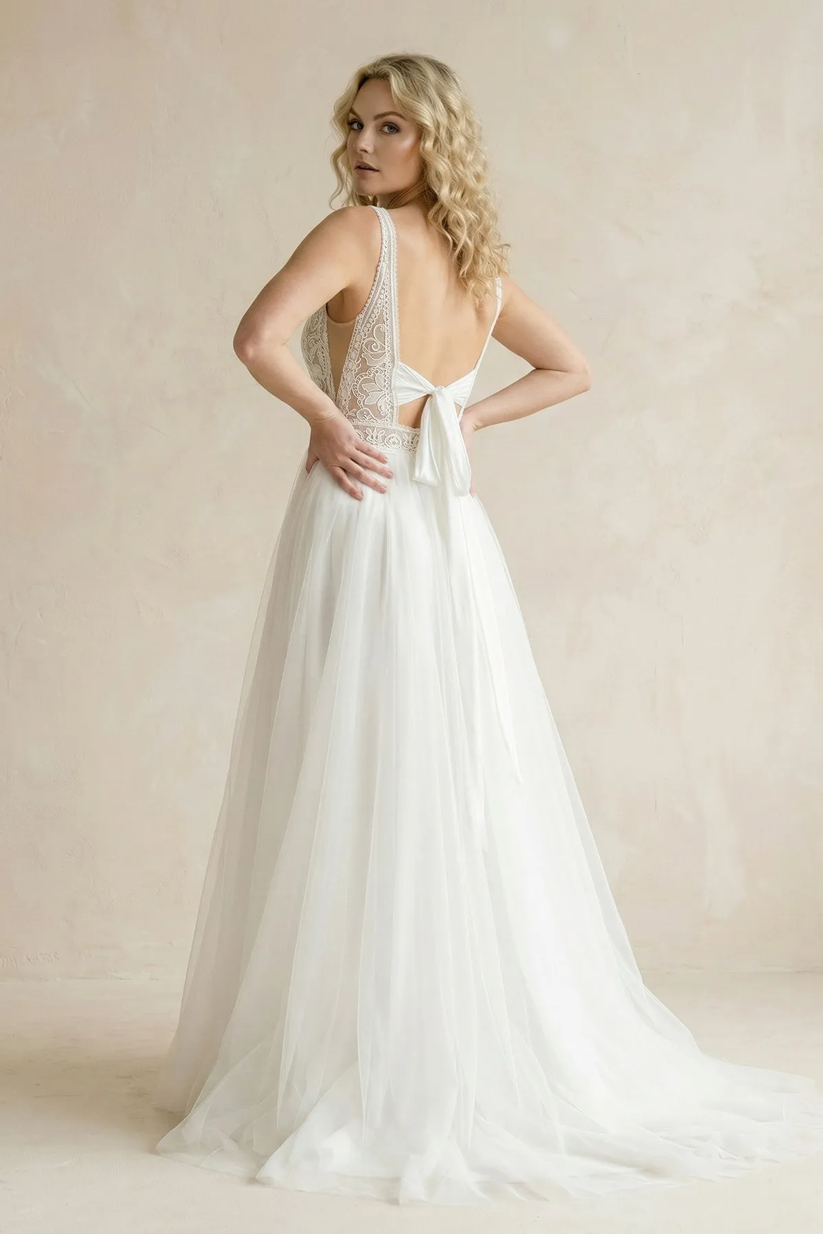 Ivory V-Neck Tulle A-Line Wedding Dress sold by KissProm product image thumbnail 2