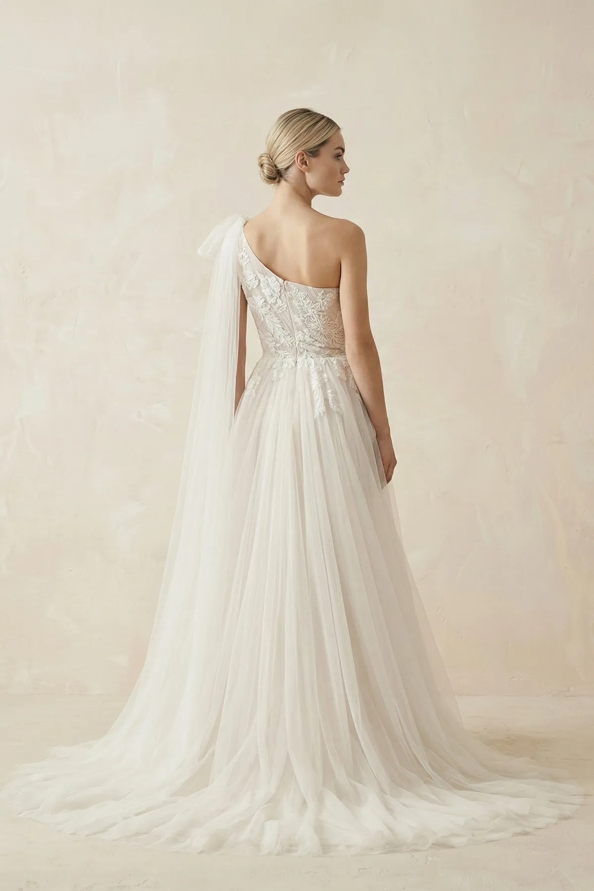 One Shoulder Appliques A Line Tulle Wedding Dress in Ivory sold by KissProm product image thumbnail 2