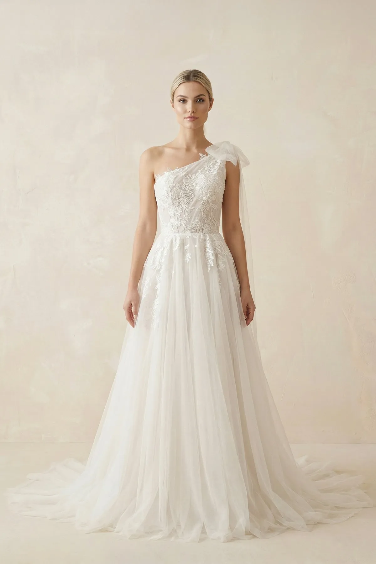 One Shoulder Appliques A Line Tulle Wedding Dress in Ivory sold by KissProm